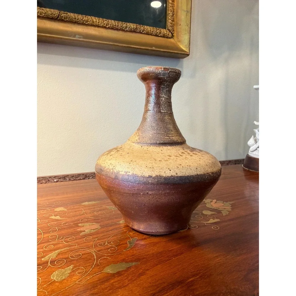 Vintage Studio Pottery Vase, Signed‎ Brown Drip Glaze Bud Vase